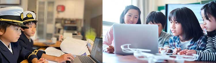 コンピューターを使っている母子|レモネード職業体験イベントにて接客する子どもと親御さんの様子